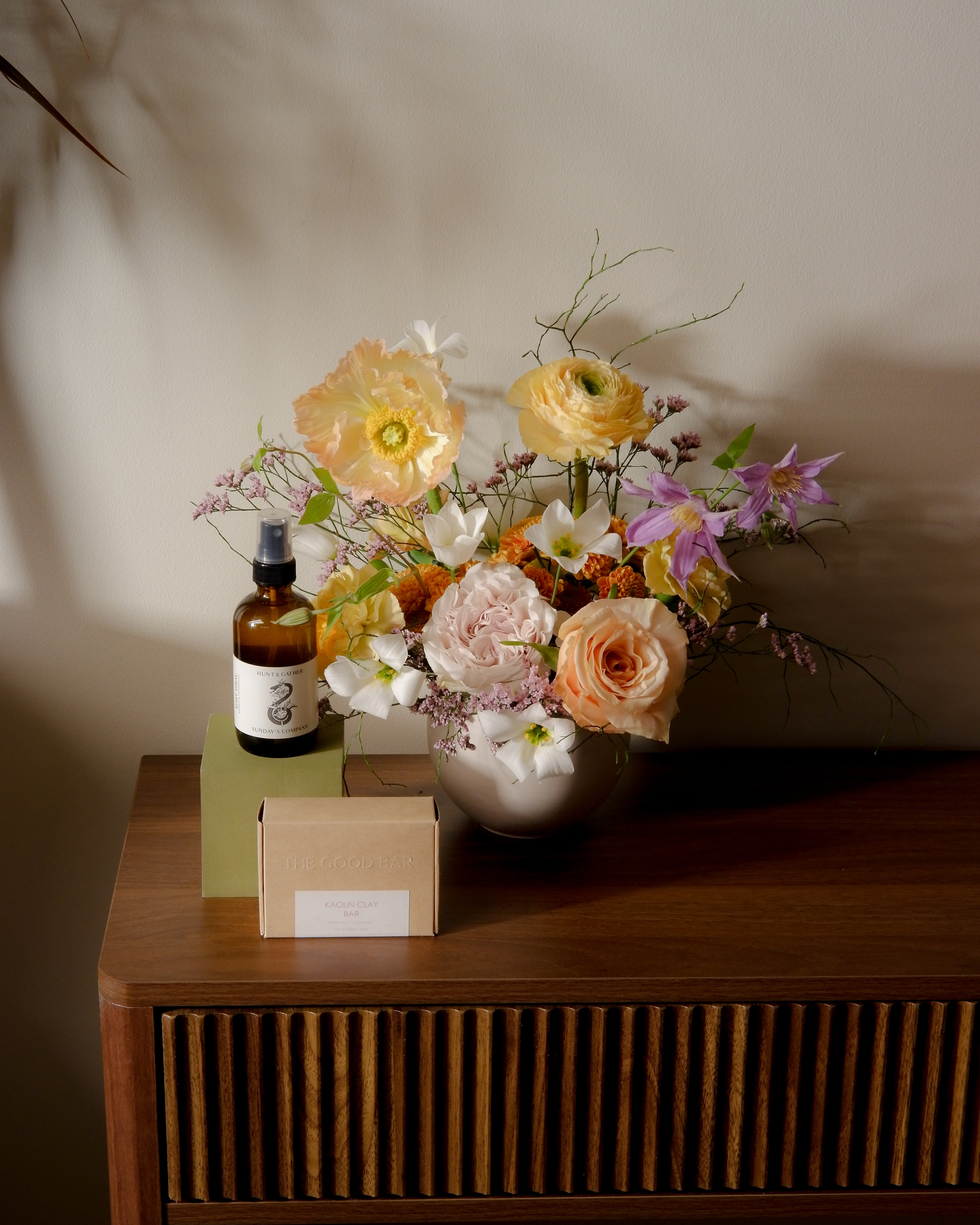 Fresh seasonal flower arrangement with objects Toronto Hunt & Gather