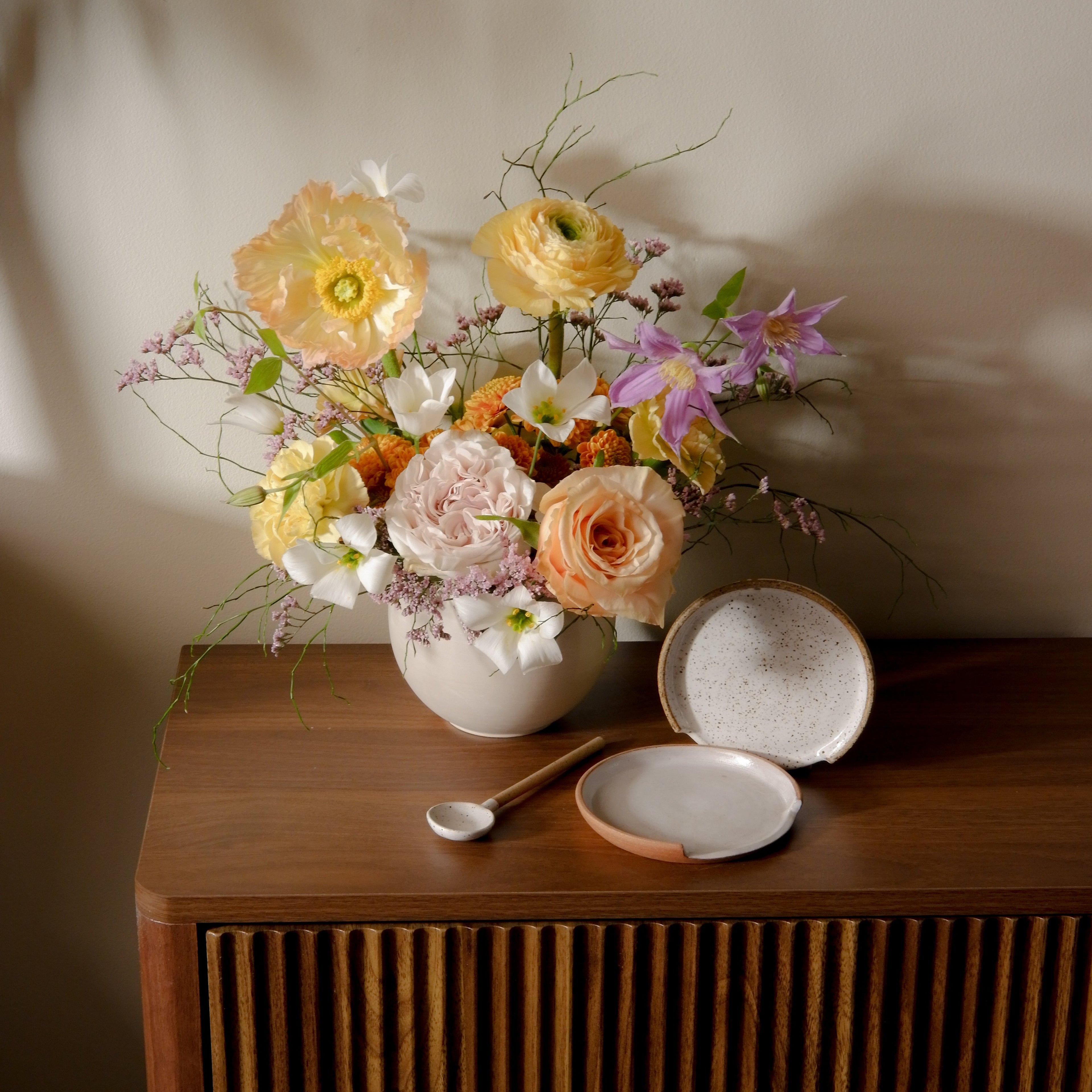 Seasonal flower arrangement with ceramics and objects Toronto Hunt & Gather