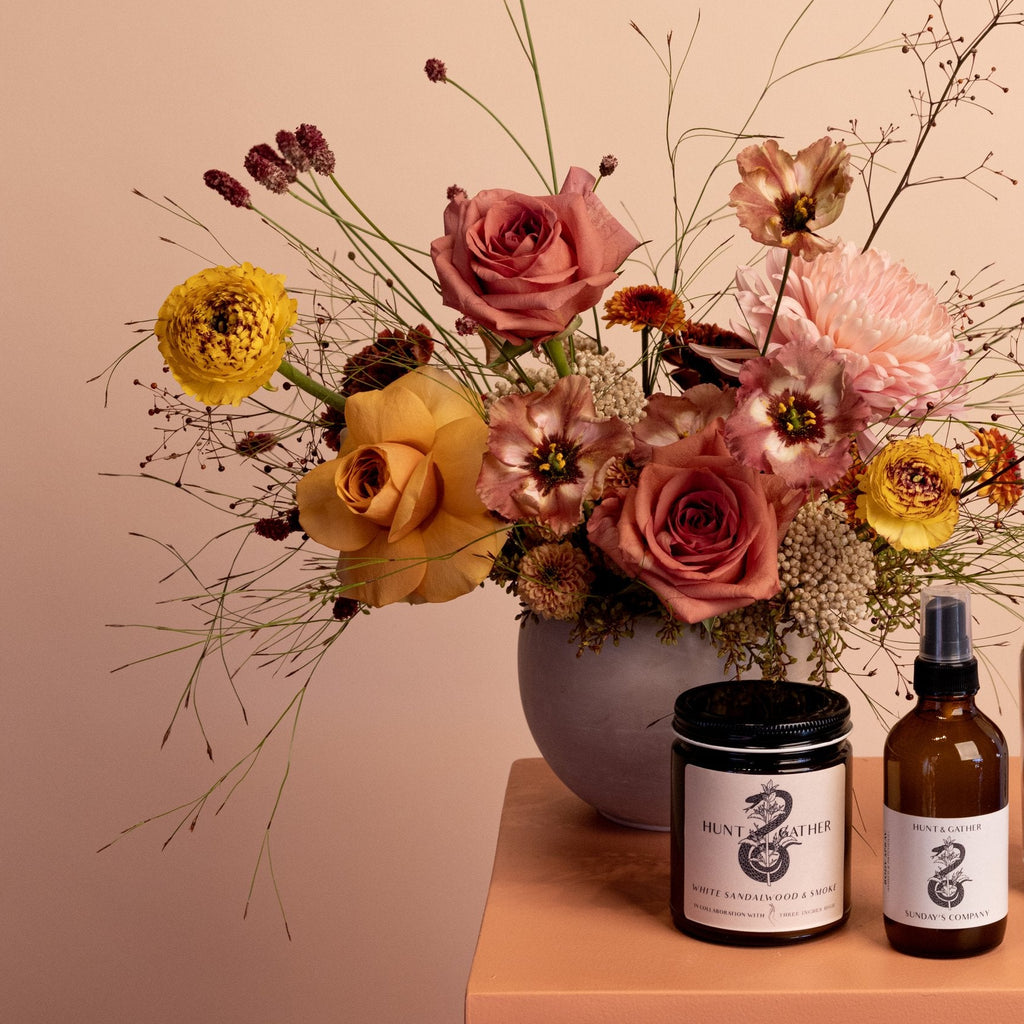 Gather gift set with seasonal flower arrangement, candle and body spray in Toronto